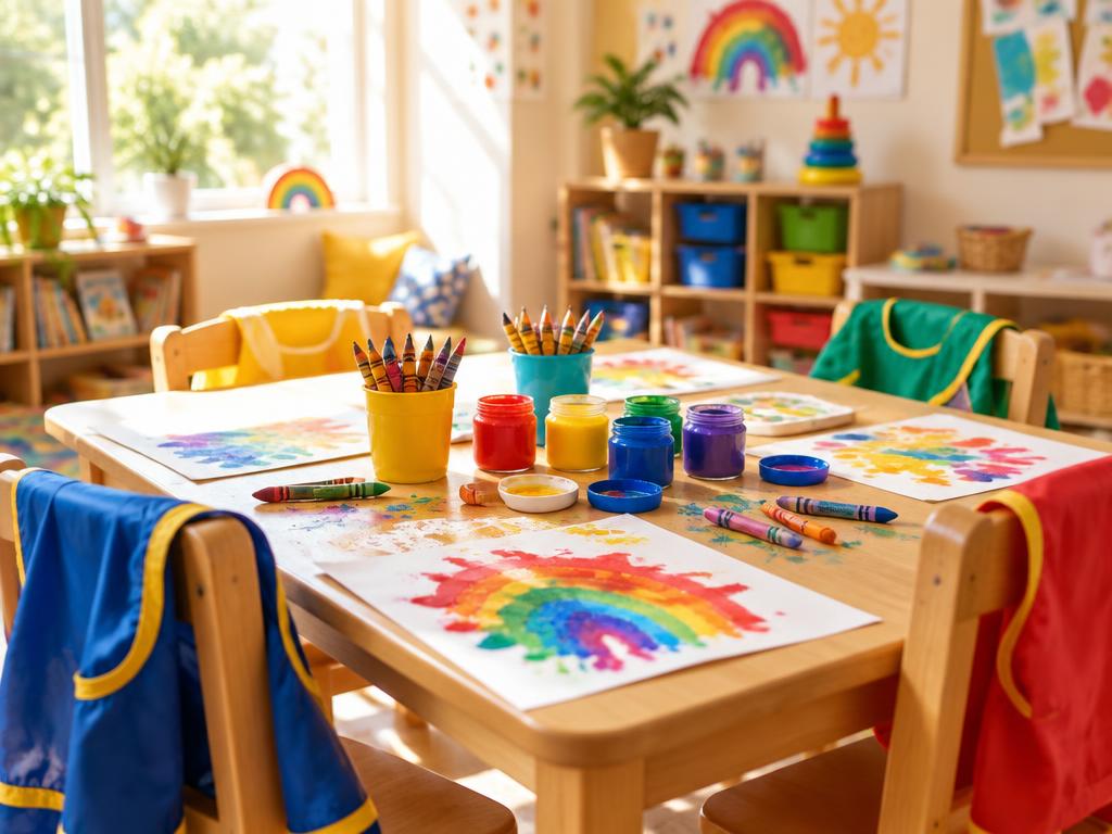 A craft table with crayons, paint jars, and rainbow paintings